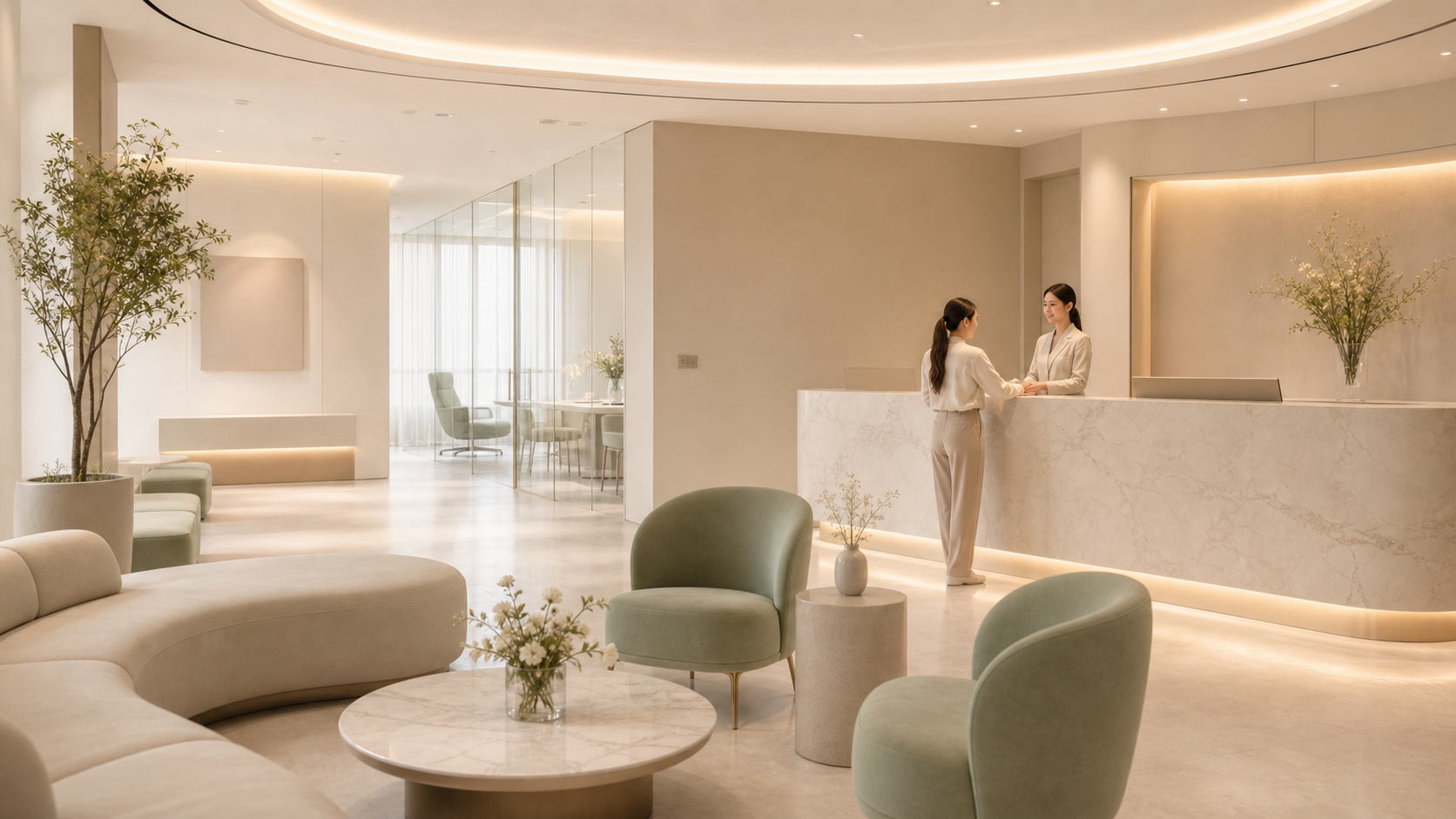 Area reception klinik kecantikan Korea yang bersih dan premium
